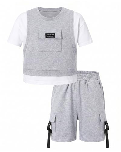Image of SANGTREE 2Pcs Cotton Boys Clothes Short Sleeve T-Shirt and Shorts Teen Kids Summer Casual Outfit Boy Sets, 3-12 Years