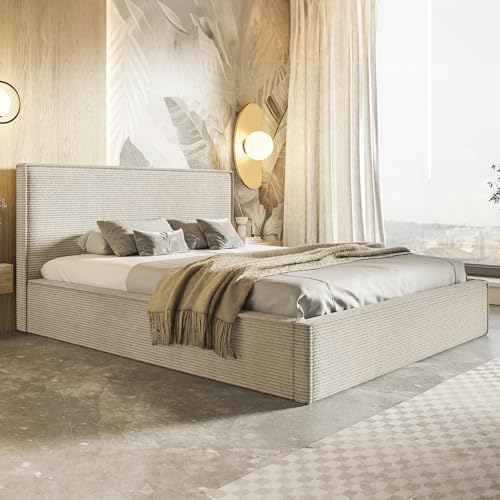 MOTIVENA Boho Polsterbett 180x200 mit Bettkasten, mit Stauraum, Bett Kopfteil Cord, ohne Matratze, Bett Cord, Beige Creme
