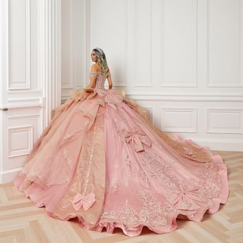 XYAYE Glitter Tulle Quinceanera Dresses with Bow Gold Lace Off Shoulder Sweet 16 Dresses Puffy Beaded Layered 15 Dresses4