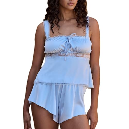 Image of ROAONOCOMO Women Lace Trim Pj Shorts Set Square Neck Coquette Tank Top Silk Satin Pajama Set Babydoll 2 Piece Shorts Outfit
