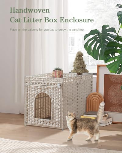 Image of SETVSON Cat Litter Box Enclosure Furniture, Hidden PE Rattan, White | PE Rattan Kitty House with Top Fence, Fits Standard Litter Box, Included Litter Mat, 2 S-Hooks, Sturdy Metal Frame