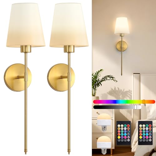 Image of LOUSACE Battery Operated Wall Sconces Set of 2, Rechargeable Wireless Wall-Mounted Sconce with Remote Control & 5200mAh Dimmable Bulbs, Gold Wall Sconces Decor Set for Bedroom Living Room Entryway