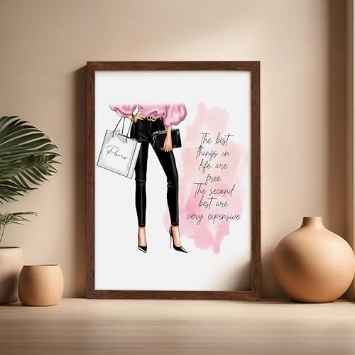 Image of Poster Master The Best Thing In Life Are Free Poster - Fashion Print - Trendy Art - Modern Art - Gift for Women & Fashionista - Funny Glamour Decor for Bedroom or Girl's Room, 16x20 Brown Framed