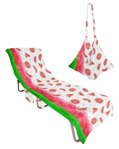 Summer Watermelon Beach Chair Towel Covers for Chaise Lounge with Side Pocket, Soft Plush Pool Towels Cover for Patio Sunbathing Outdoor 29''x85'' Red Pink Painting Modern White
