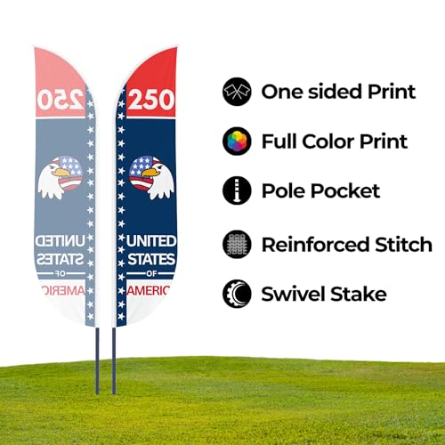 250th Anniversary of USA Independence Feather Flag By Dreamcontroller for Business Outside with Add-On Pole (15ft) & Groundspike| Custom Swooper Flag | HD Print | Made In USA | 11.5x2.5ft by DreamController - Used condition - Image 6