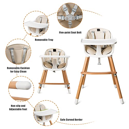 Maxmass Adjustable Baby High Chair, Toddler Dining Seats with 5-Point Safety Belt, Removable Tray, PU Cushion and Beech Feet, Booster Seats for 6 Months to 3 Years - Image 6