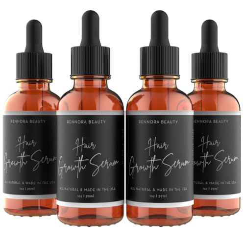 Rennora Hair Growth Serum with Organic Herbs and Natural Vitamins, Peppermint Oil, Stinging Nettle, and Rosemary Oil, No Chemicals, Formulated for Hair Regrowth (4 Pack – 120 Day Supply)