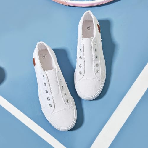 Image of XRH Women's Slip On Canvas Sneakers Non Slip Casual | White & Black Canvas Slip On Sneakers for Women, Non Slip Casual Tennis Shoes, Low Top Comfort Walking Shoes