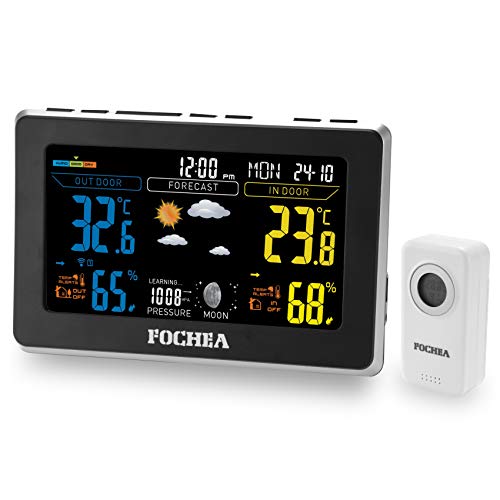 FOCHEA Wetterstation Funk mit Außensensor, Funk Wetterstation Digital-Thermometer Hygrometer mit Wettervorhersage, Alarm/Schlummerfunktion, Luftfeuchtigkeit- und Temperaturüberwachung Schwarz