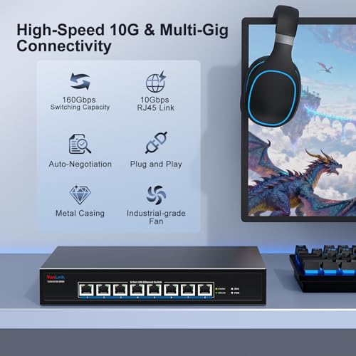 Image of 8-Port 10Gb RJ45 Ethernet Switch Unmanaged, VunLink 10GBase-T Multi-Gig (10G /5G /2.5G /1G) Network Switch, 160Gbps Capacity, 19-inch Rackmount, for 10G NAS, Server, PC, Workstation
