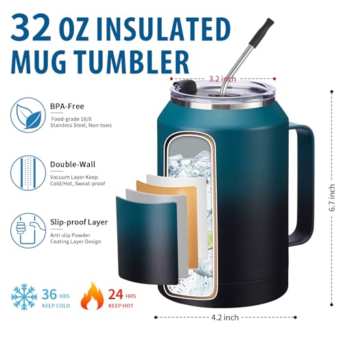 Image of 32 /50oz Mug Tumbler with Handle and Straw - 32 oz Stainless Steel Wide Mouth Travel Coffee Cups w / Lid, Reusable Home Office Work Mugs, Double Wall Vacuum Insulated Bottle Keep Cold 36 Hrs Hot 24 Hrs