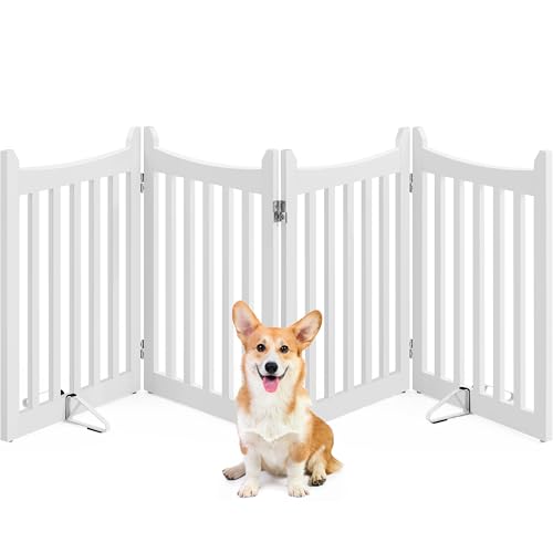 Yaheetech Cancelletto per Cani Estensibile e Pieghevole di Sicurezza da Interno in Legno 4 Pannelli 201,5 × 60,5 cm Recinto Barriera con Piedi Antiscivoli Scale Porta Bianco