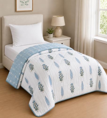 Image of RRC Jaipuri Floral Print Single Bed Razai | White & Green Cotton AC Quilt | Lightweight Jaipuri Rajai | 200 GSM Summer Comforter | Single Bed Quilt Pack of 1