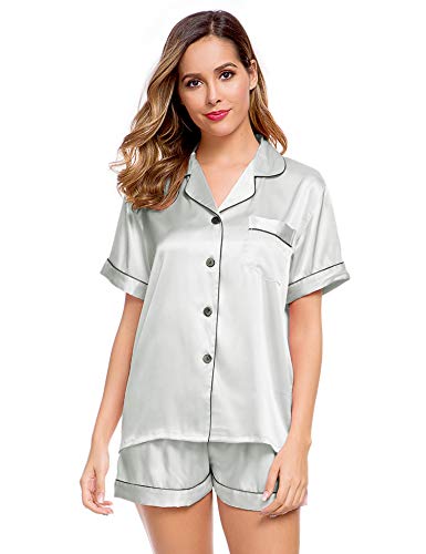 Image of LecGee Womens Silk Satin Pajamas Short Sleeve Loungewear Two-Piece Sleepwear Button-Down Pj Set