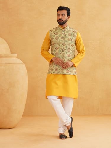 Image of SOJANYA (Since 1958 Men's Cotton Blend Kurta & White Churidar Pyjama with Nehrujacket