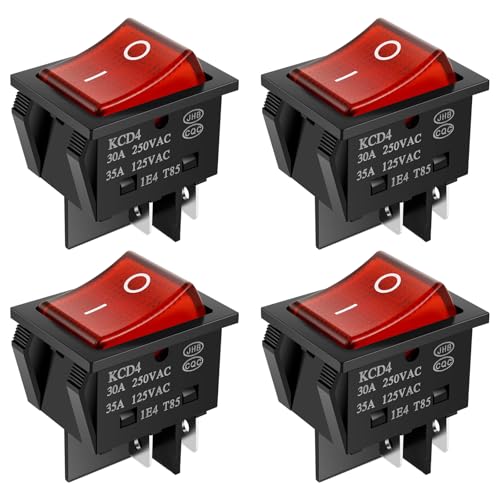 4Pcs 30A 250V AC DPST 4 Pin Boat Rocker Switches Red Lighted ON/Off Switch for ndustrial Equipment Car Ship(4pcs)