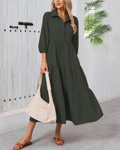 Image of Women Button Down Maxi Shirt Dress Long Sleeve Flowy Tiered Collared Dresses with Pockets