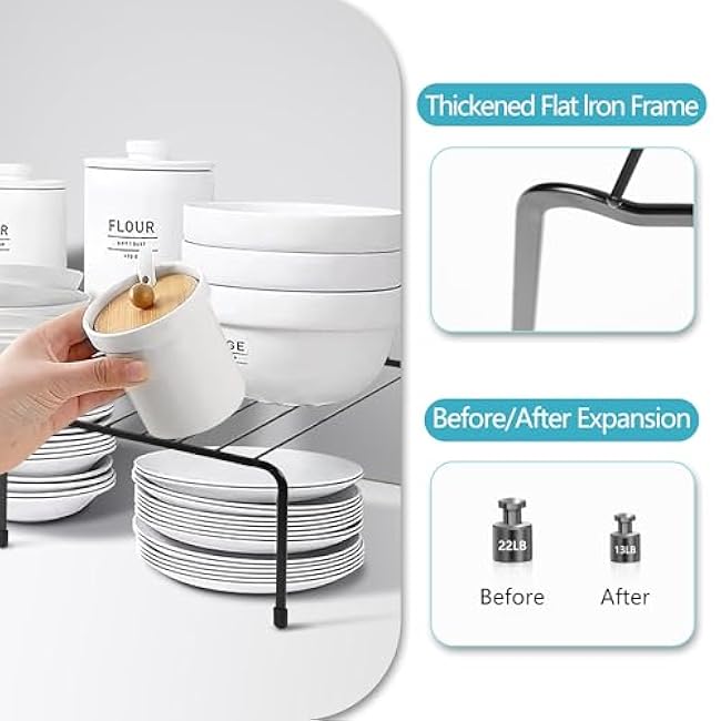 Cabinet Storage Shelf Rack, Expandable Kitchen Counter and Cabinet Shelf, Metal Storage Rack Organizer Rustproof Space Saving for Dish Spice Cupboards Kitchen (1 Pack-Black)