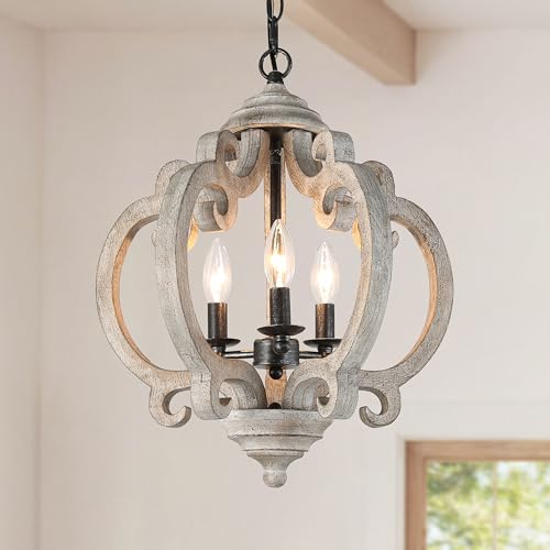 LALUZ Farmhouse Chandelier, 3-Light Rustic Orb Pendant Lights Lantern Lighting, 15.5'' Distressed Wood Chandeliers Hanging Light Fixtures for Dining & Living Room, Kitchen Island, Bedrooms, Foyer