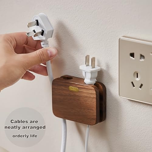 Sujeta cables adhesivo de madera maciza para cables gruesos - Gestión de cables para mesita de noche, cocina, PC, TV y oficina, organizador de cables USB miniatura 3