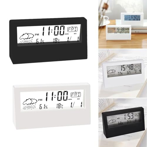 Eawfgtuw Reloj despertador digital higrómetro con pantalla LCD grande meteorológica, interior y humedad, función de repetición, calendario y visualización de día para el hogar (negro) - imagen 3