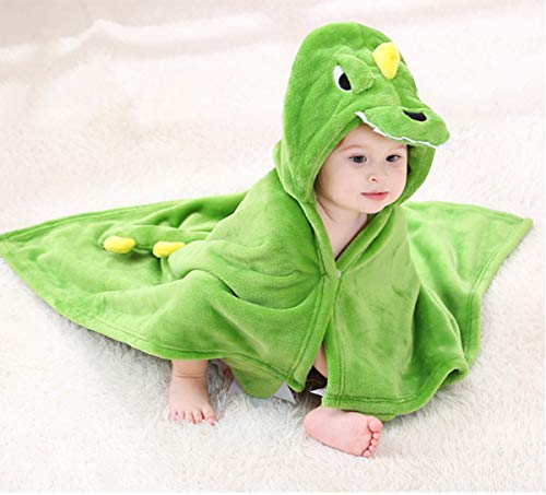Image of TONWHAR 0-4 Years Toddlers' And Kids' Boys Girls Animal Face Hooded Blanket Baby's Bathrobe,Plush After Bath Blanket (Green Dinosaur)