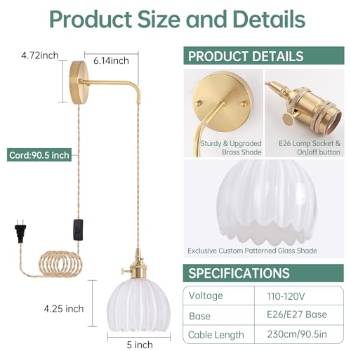 Image of Shenmoyl Vintage Wall Sconce with White Tulip Glass Shade Hanging Wall Sconce with 4.9FT Plug in Cord, Modern Wall Lamp Fixtures Decor for Bedside Bedroom Indoor Doorway