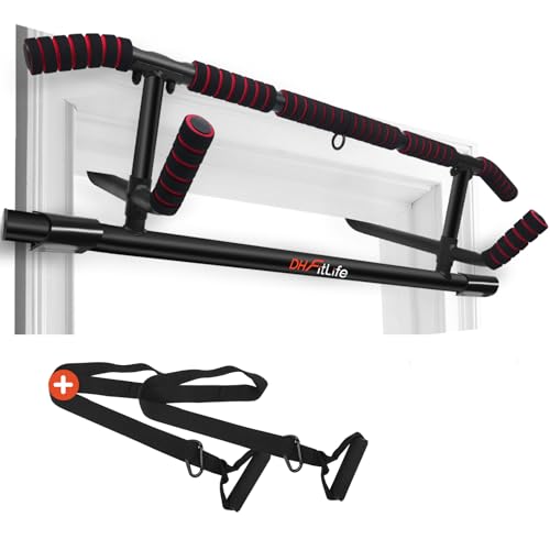 DH FitLife Barra de Dominadas para Marco de Puerta sin Tornillos | Pull up bar Doorway | Barra de Tracción Multifuncional para Colgar | incl. Entrenador de Suspensión | para Puerta de 70 – 92 cm