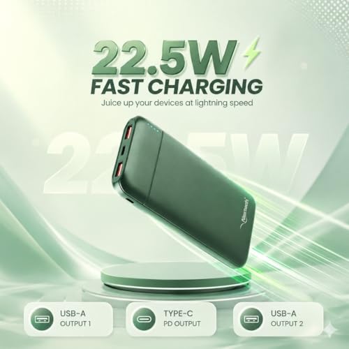 Image of Nextech Slender 10000mAh Fast Charging Power Bank 22.5W PD QC 3.0, Ultra Slim Mini Powerbank with Type C Output, Compact Portable Charger for iPhone, Android Smartphones, Tablets - Green