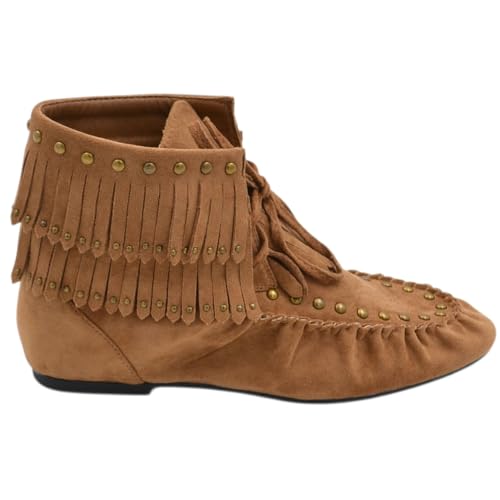  Stivaletto indianino Basso in Suede Beige con Borchie Dorate e Frange Mocassino Raso Terra Lacci Regolabili Tendenza (38 EU)