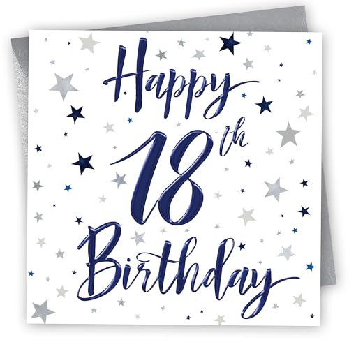Birthday Card for 18th Birthday. Stars Design with Blue foil. 150x150mm supplied with Envelope. Eco-friendly. Made in Britain.