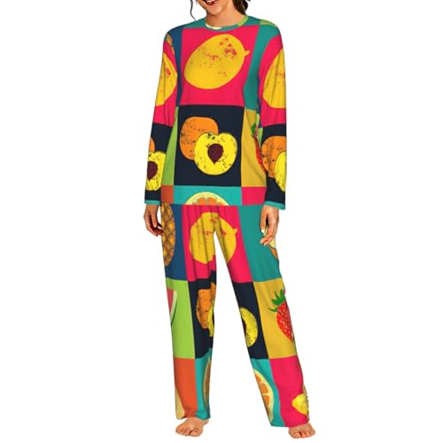 Pyjama assorti manches longues femme imprimé fruits vêtements de nuit élastiques et doux