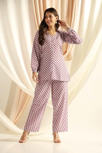 Image of DHRUVI TRENDZ Co Ord Set for Women Stylish | Ethnic Cotton Casual Cord Set | Stylish Summer Kurta & Pant Set | Casual Daily Outfit Night Suit for Women | Full Sleeve Top with Relaxed Fit Trousers