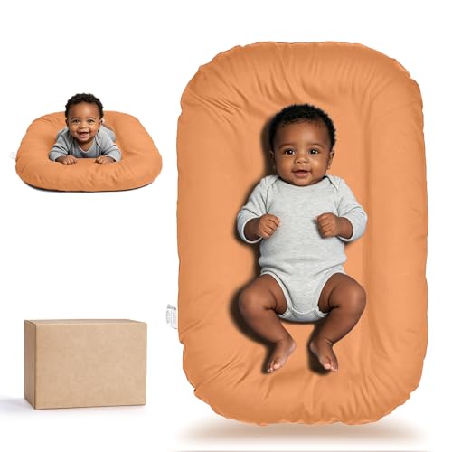 Image of Baby Lounger for Newborn 0-12 Months,100% Cotton Breathable Infant Lounger, Baby Shower Gift, Portable Lightweight Baby Nest for Home & Travel(Caramel Brown)