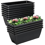 Lysjtsr 12Pcs 17Inches Rectangle Planter Box with Drainage Holes and Trays Plastic Planters Flower Boxes Pots for Indoor Outdoor Plants Patio Garden Home Decor Porch Yard (Black)