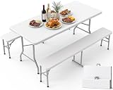 Pureegg Folding Table and Chairs Set - Sturdy 6FT Folding Table with 2 Chairs, No Assembly Required, Portable Camping Table with Carry Handle for Dining, Party, White