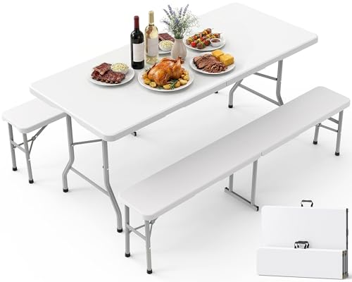 Pureegg Folding Table and Chairs Set - Sturdy 6FT Folding Table with 2 Chairs No Assembly Required Portable Camping Table with Carry Handle for Dining Party White