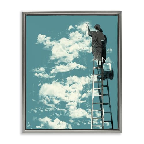 Surreal Painter on Ladder Clouds, 16 x 20 Inch Canvas in Floater Frame