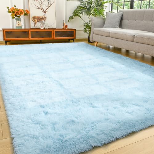 YJ.GWL Area Rugs for Living Room Bedroom, 4x6 Machine Washable Large Light Blue Carpet, Soft Fluffy Shaggy Thick Big Shag Indoor Floor Rug for Kids Boy and Girls Room Dorm Home Decor Aesthetic