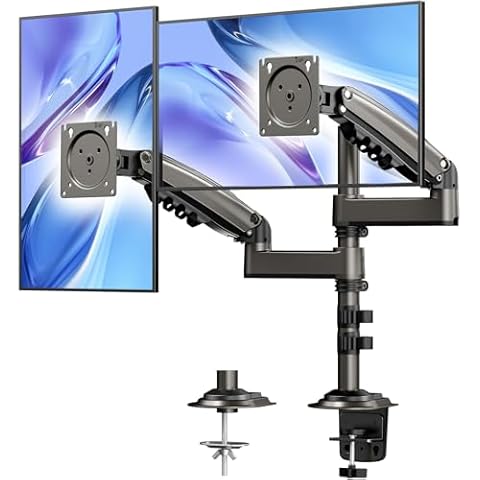 HUANUO 17-32 Inch Dual Monitor Stand, Gas Spring Dual Monitor Mount, Monitor Stand 2 Monitors, Ergonomic Adjustable Tilt/Swivel/Rotate, Weight Max 19.8 lbs, VESA 75/100mm Cover