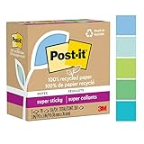 Post-it 100% Recycled Paper Super Sticky Notes, 2X The Sticking Power, 3x3 in, 5 Pads, 70 Sheets/Pad, Oasis Collection (654R-5SST)