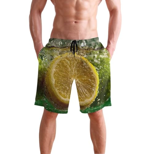 Men's Swim Trunks Lemon Piece Print, Quick Dry Beach Board Shorts with Lining-S