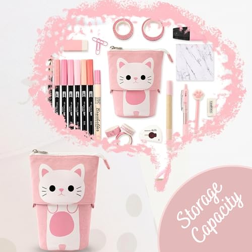 Image of FINEMOE Standing Pencil Case Cute Pencil Pouch for Girls Boys, Korean Boba Pop Up Stationery Makeup Cosmetic Organizer Box, Pouches for Stationary Boys Kids Women School Students (Pink Cat)