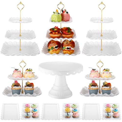 Willinglong 12 Pcs Dessert Table Display Stand Set Include 5 Square Cupcake Stand Holder Tier Tower 1 Cake Holder 6 Rectangular Serving Tray Combo for Party Birthday Baby Shower Wedding (White,Gold)