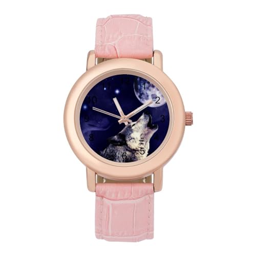 Wolf Howling at The Moon Classic Watches for Women Funny Graphic Pink Girls Watch Easy to Read