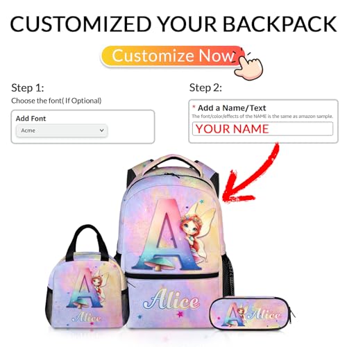 Personalized Backpack for Girls, Custom Initial Fairy Backpacks Set for Kids School, 17 Inch Durable Lightweight Monogram Bookbag for Kindergarten Preschool Primary3