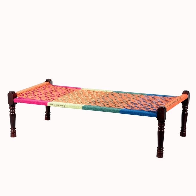 Image of FURNWEAVE Solid Sheesham Wood Charpai Khat | Handcrafted Daybed Khatiya Charpai with Cotton Rope | Traditional Khat Bed Wooden Diwan Cot for Living Room | 6X3 Feet | Colorful 003 (Orange-Multi)