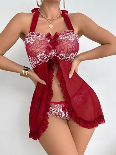 Image of Foxiny Sexy Halter Open Front Ruffle Sheer Mesh Lace Babydoll Lingerie Dress with Thong 2 Piece