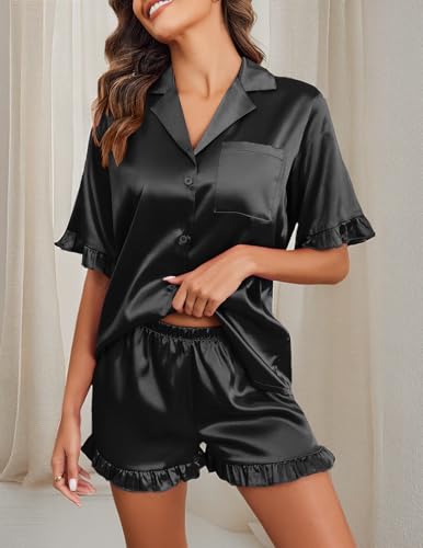 Image of Ekouaer Satin Pajama Set for Women 2 Piece Pj Sets Short Sleeve Sleepwear | Super Soft Silky Summer Loungewear Set with Ruffle Short Sleeve Top and Pocket Shorts, Casual Travel Daily Gift