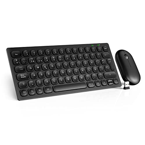 Teclado y Raton Inalámbrico Compacto, QCen 2,4GHz Minimalista Teclado con 12 Teclas Multimedia, Diseño Pequeño y Ultrafinos, Portátil Silencioso, para Windows, Laptop, Computadora, Español - Negro Cover
